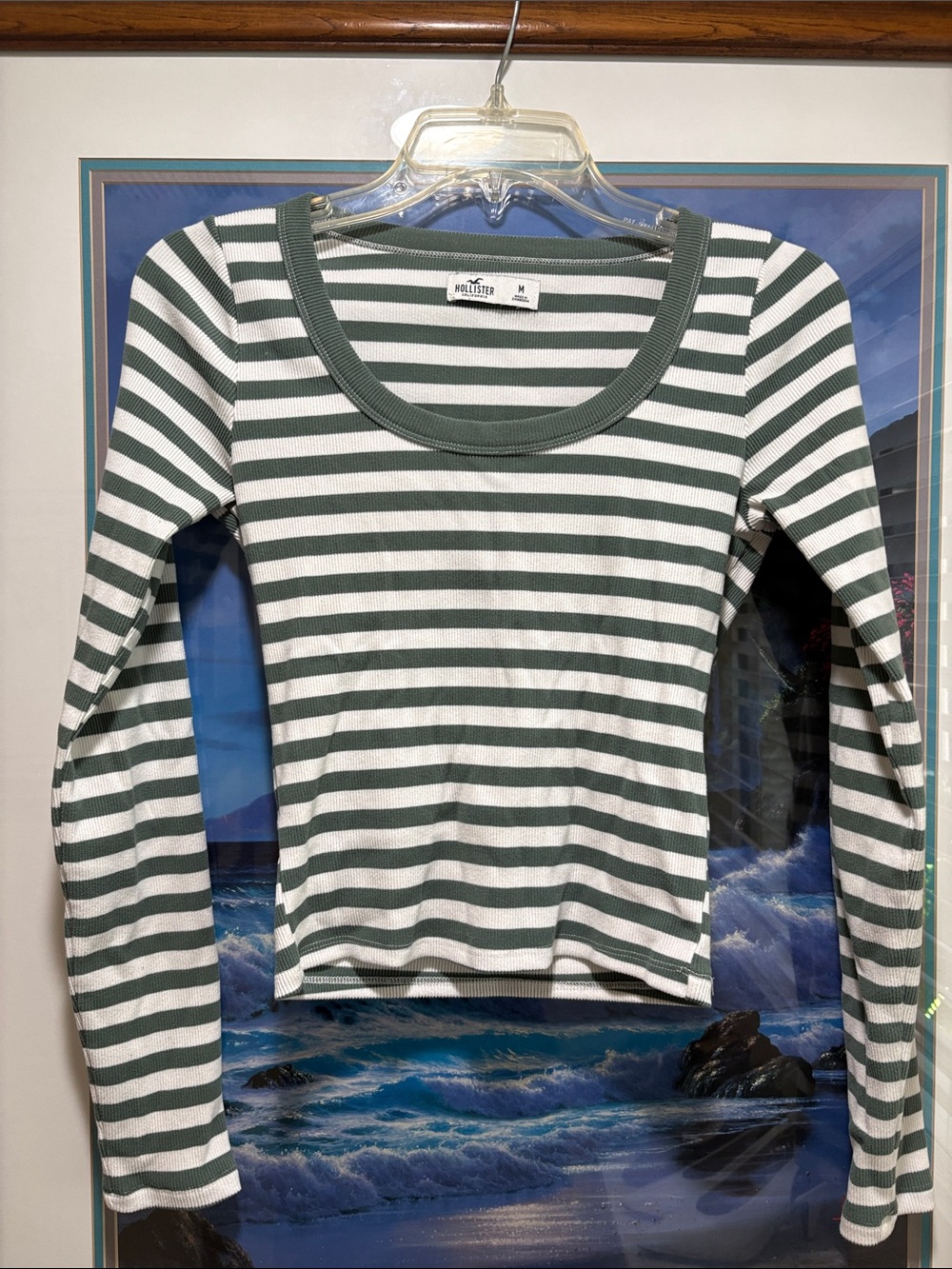 Hollister Green & White Striped Long Sleeve Scoop Neck Top